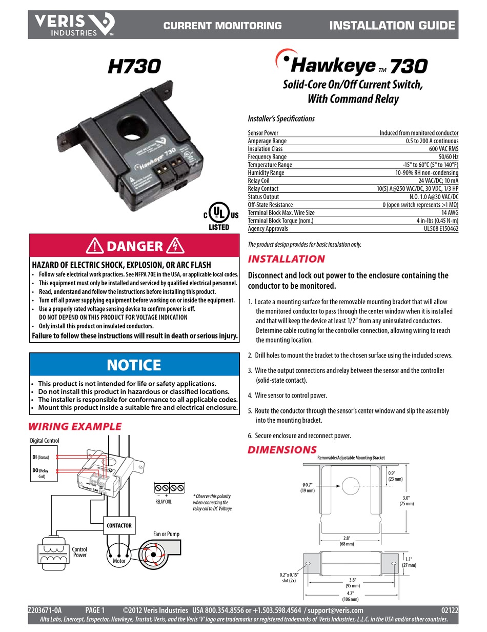 VERIS INDUSTRIES HAWKEYE 730 INSTALLATION MANUAL Pdf Download | ManualsLib