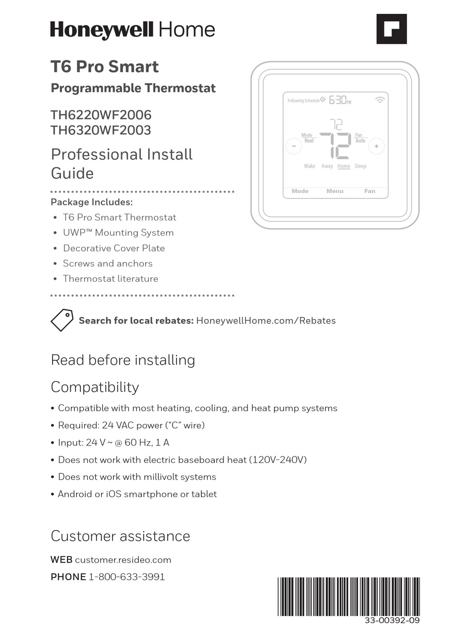 HONEYWELL HOME TH6220WF2006 PROFESSIONAL INSTALL MANUAL Pdf Download ...