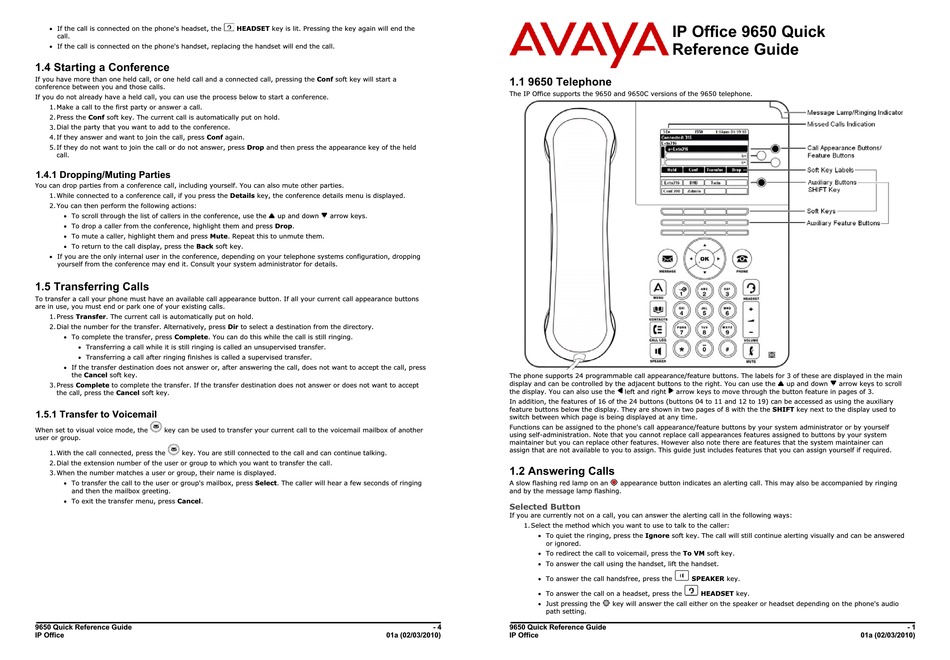 AVAYA IP OFFICE 9650 QUICK REFERENCE MANUAL Pdf Download | ManualsLib