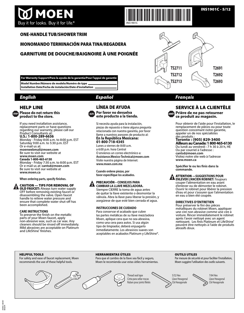 MOEN VOSS TS2711 MANUAL Pdf Download ManualsLib   Moen Voss Ts2711 