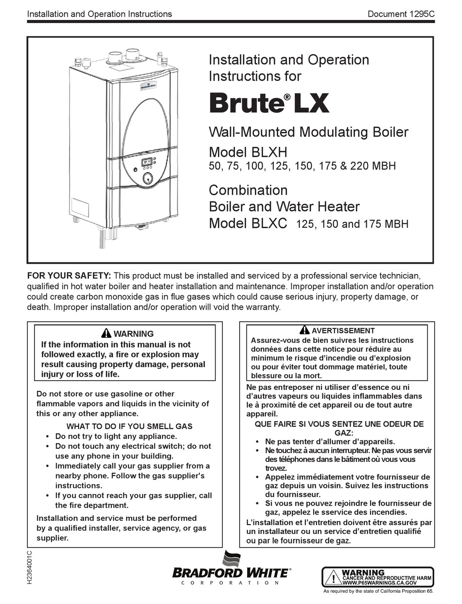 BRADFORD WHITE BRUTE LX INSTALLATION AND OPERATION INSTRUCTION MANUAL