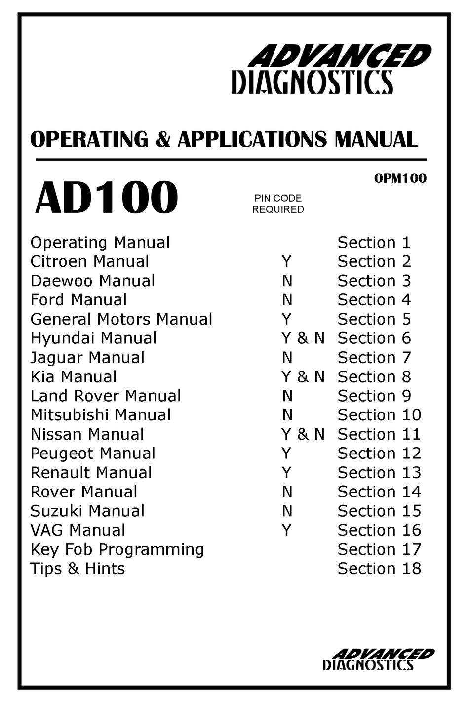 ADVANCED DIAGNOSTICS AD100 MANUAL Pdf Download ManualsLib