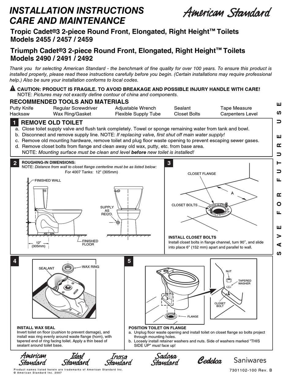 AMERICAN STANDARD TRIUMPH CADET 3 INSTALLATION INSTRUCTIONS CARE AND ...