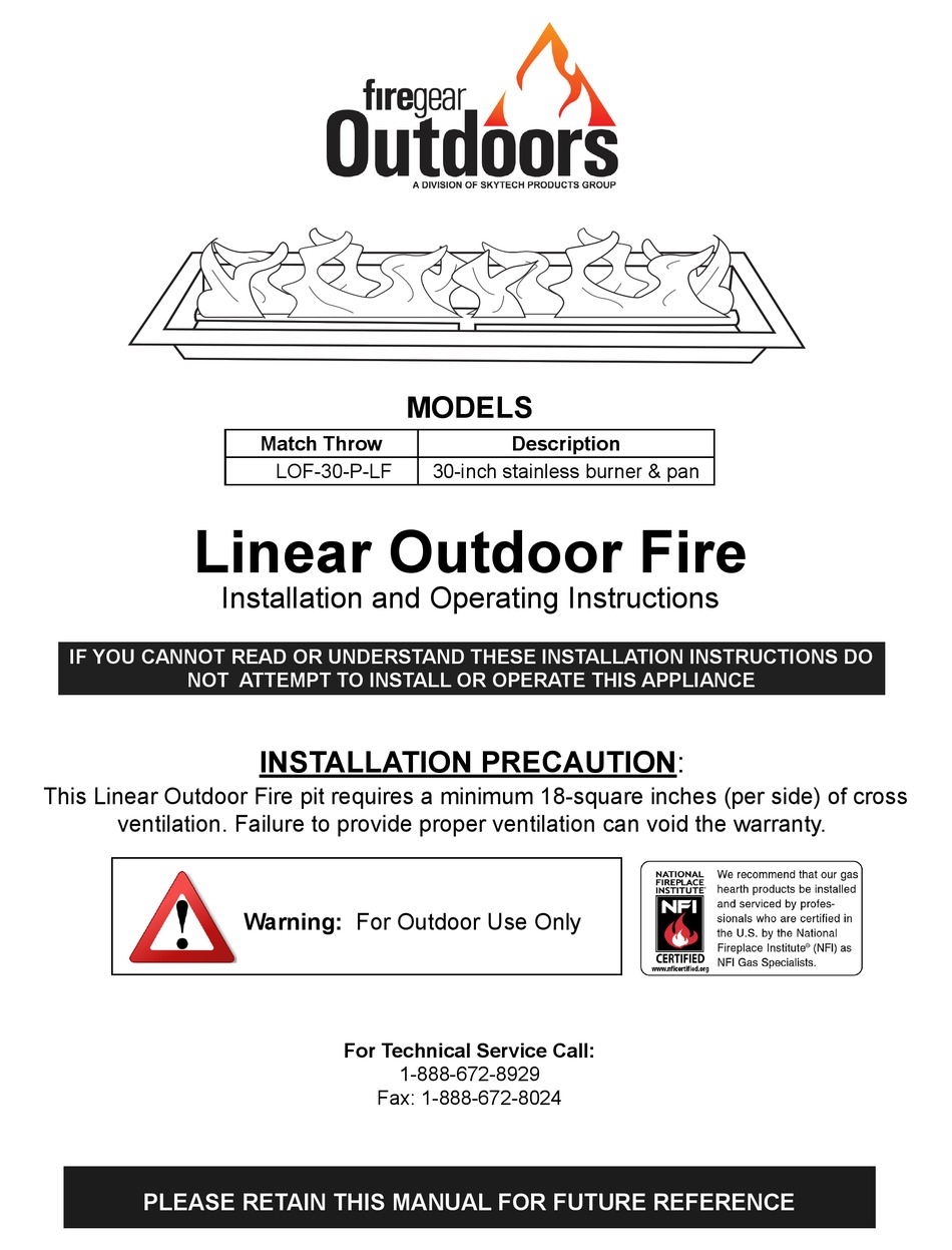 SKYTECH FIREGEAR OUTDOORS LOF30PLF INSTALLATION AND OPERATING
