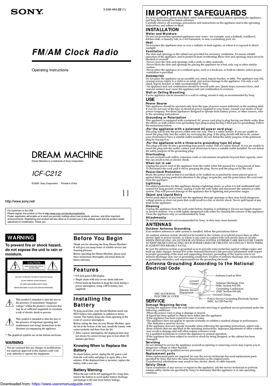 SONY DREAM MACHINE ICFC212 OPERATING INSTRUCTIONS Pdf Download