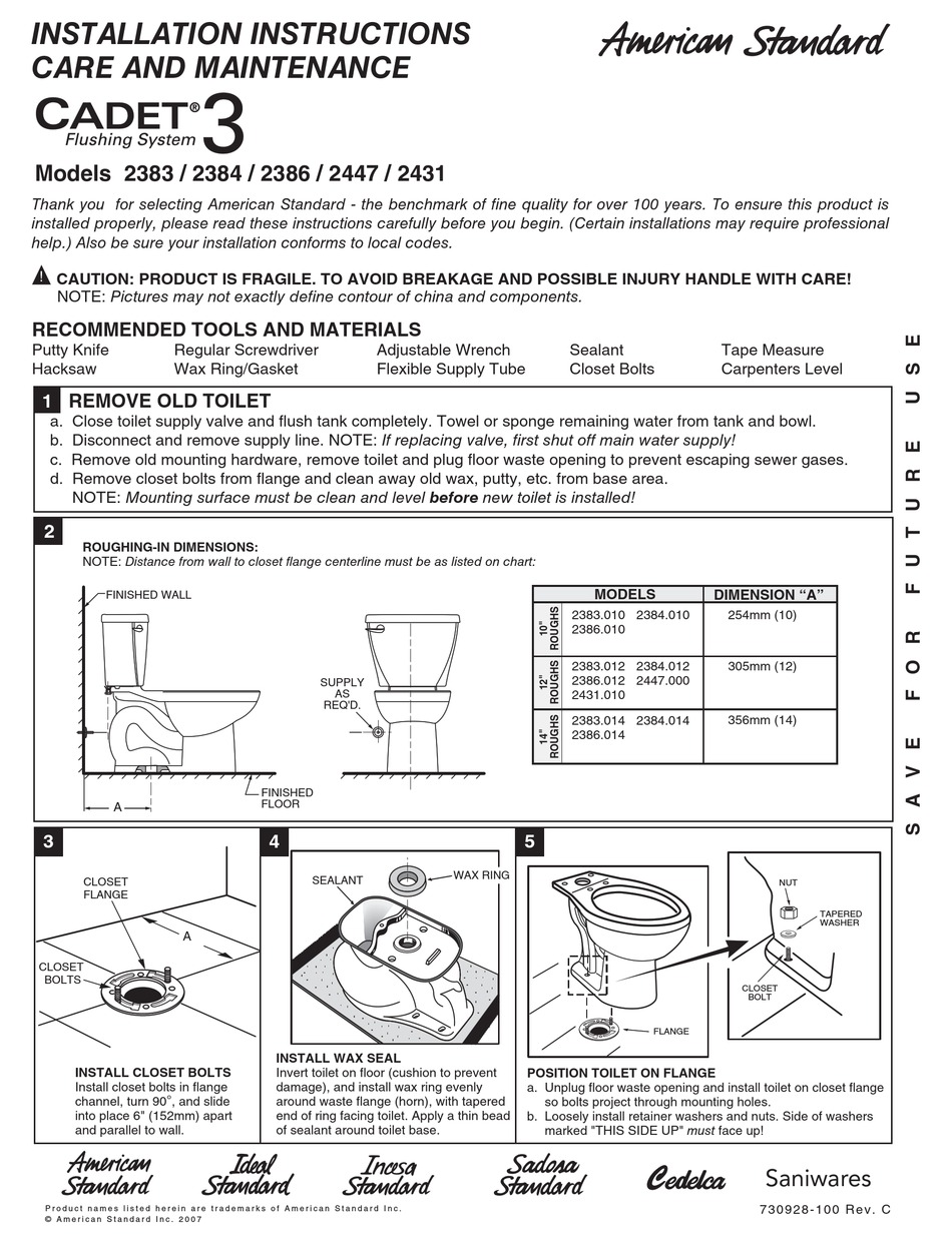 AMERICAN STANDARD 2384 INSTALLATION INSTRUCTIONS CARE AND MAINTENANCE