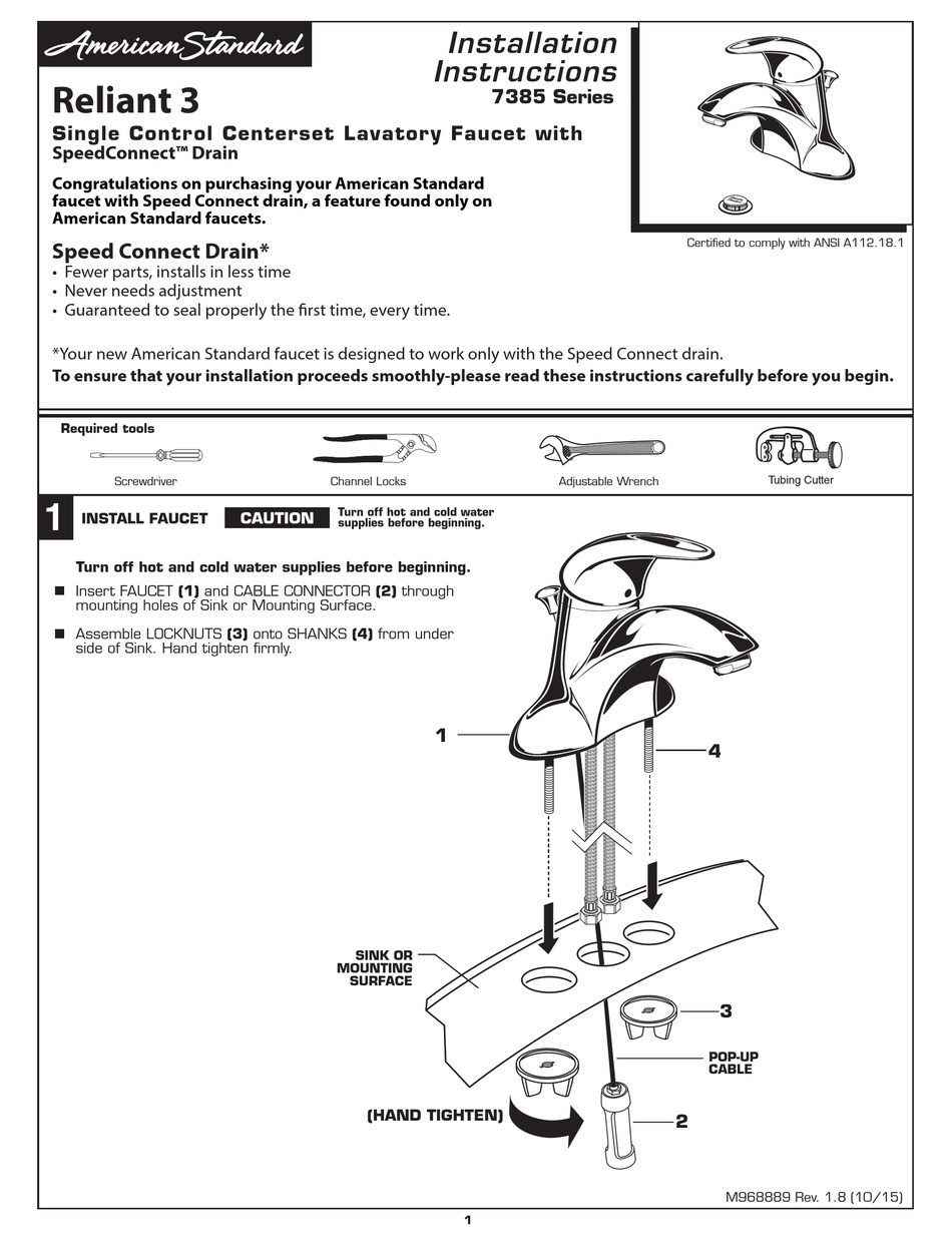 AMERICAN STANDARD RELIANT 3 7385 SERIES INSTALLATION INSTRUCTIONS
