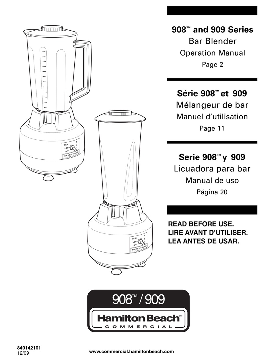 HAMILTON BEACH COMMERCIAL 909 SERIES OPERATION MANUAL Pdf Download ManualsLib
