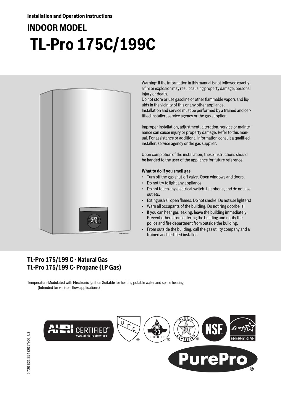 PUREPRO TLPRO 175C INSTALLATION AND OPERATION INSTRUCTION MANUAL Pdf