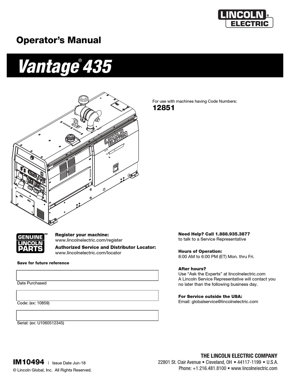 LINCOLN ELECTRIC VANTAGE 435 OPERATOR'S MANUAL Pdf Download | ManualsLib