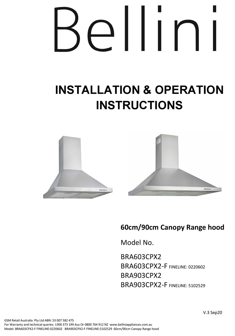 BELLINI BRA603CPX2 INSTALLATION & OPERATION INSTRUCTIONS Pdf Download