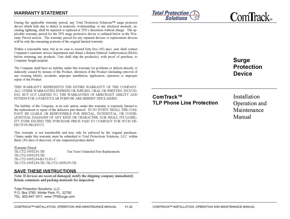 TOTAL PROTECTION SOLUTIONS COMTRACK TKCT2190TLP4RJT1/E1C