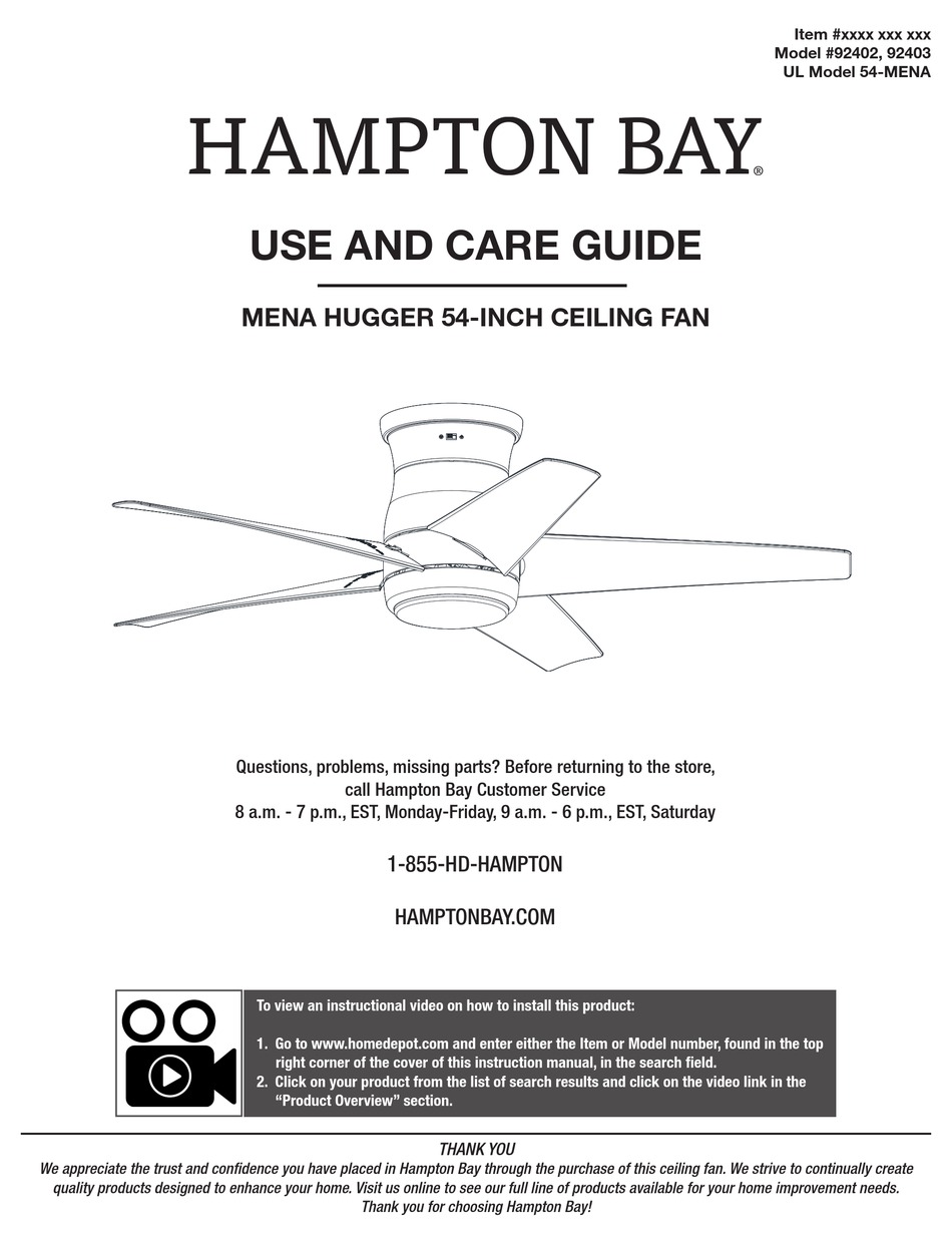 HAMPTON BAY MENA HUGGER 92402 USE AND CARE MANUAL Pdf Download ManualsLib