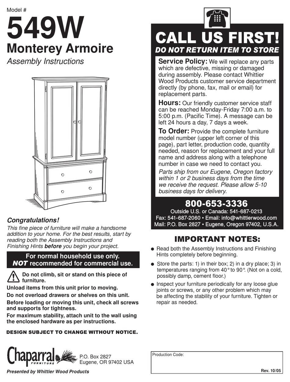 CHAPARRAL MONTEREY ARMOIRE 549W ASSEMBLY INSTRUCTIONS MANUAL Pdf Download ManualsLib