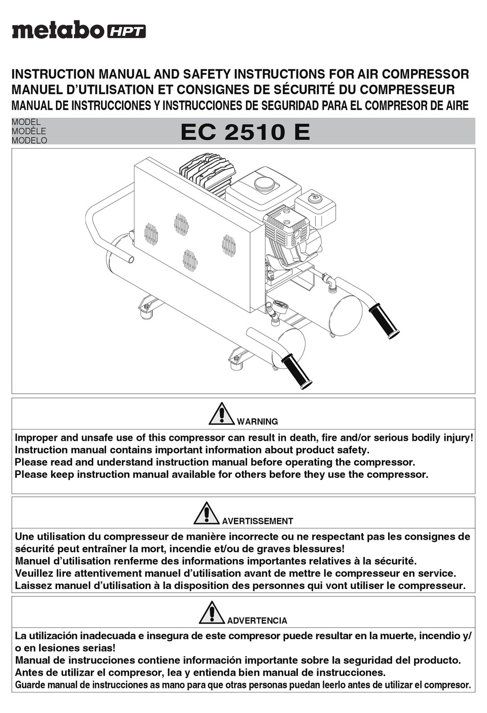 METABO HPT EC2510E INSTRUCTION MANUAL AND SAFETY INSTRUCTIONS Pdf