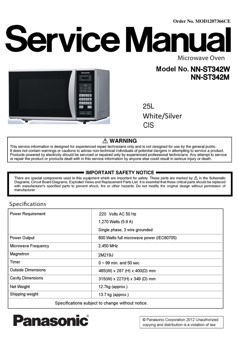 PANASONIC NNST342W SERVICE MANUAL Pdf Download ManualsLib