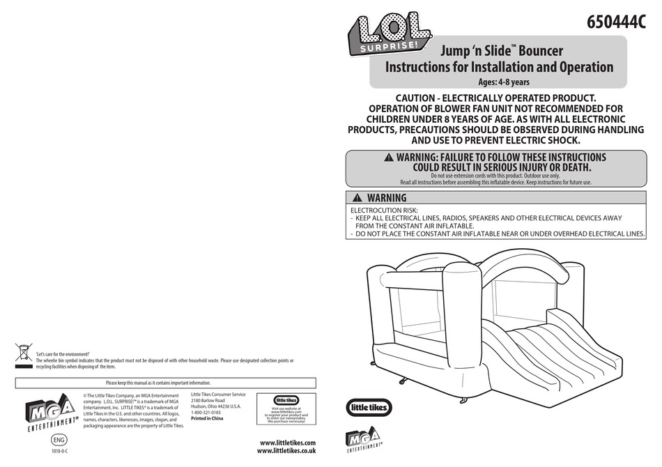 LITTLE TIKES MGA ENTERTAINMENT L.O.L. SURPRISE JUMP'N SLIDE 650444C INSTRUCTIONS FOR