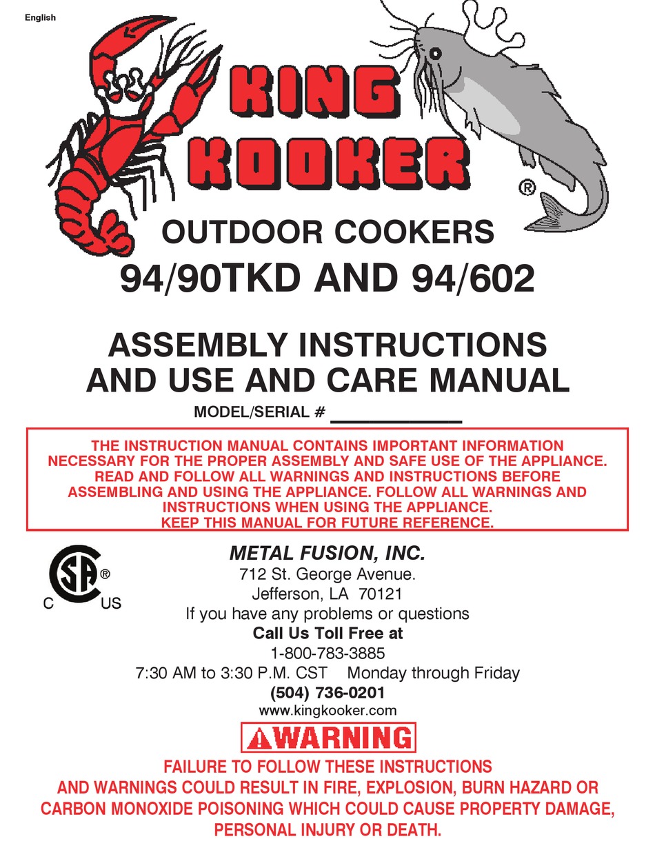 KING KOOKER 94/90TKD ASSEMBLY INSTRUCTIONS AND USE AND CARE MANUAL Pdf