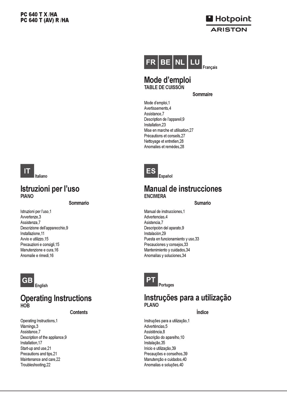 HOTPOINT ARISTON PC 640 T X /HA OPERATING INSTRUCTIONS MANUAL Pdf ...