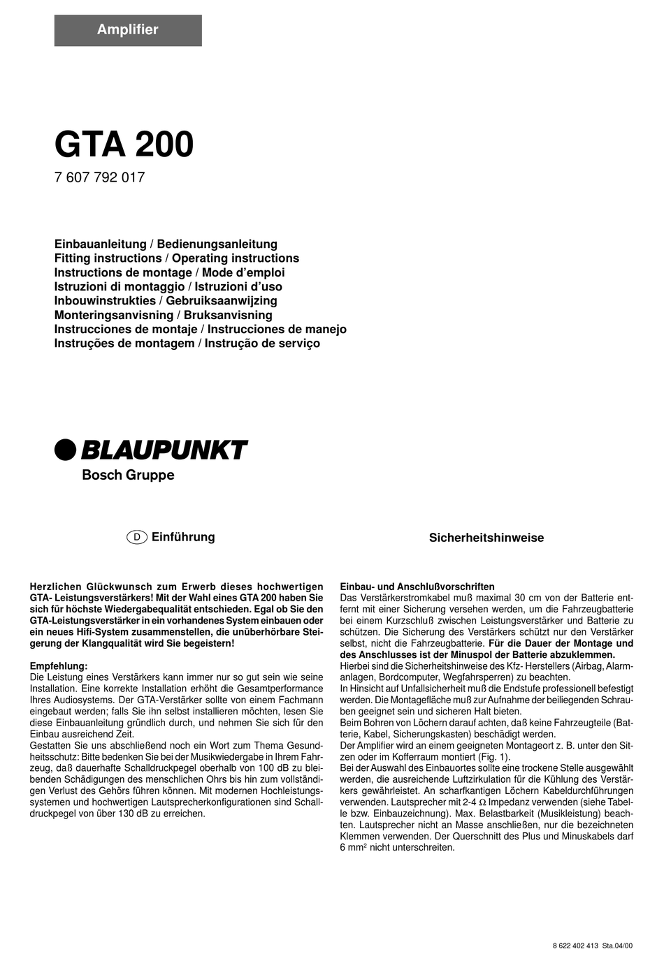 BOSCH BLAUPUNKT GTA 200 OPERATING INSTRUCTIONS MANUAL Pdf Download ...