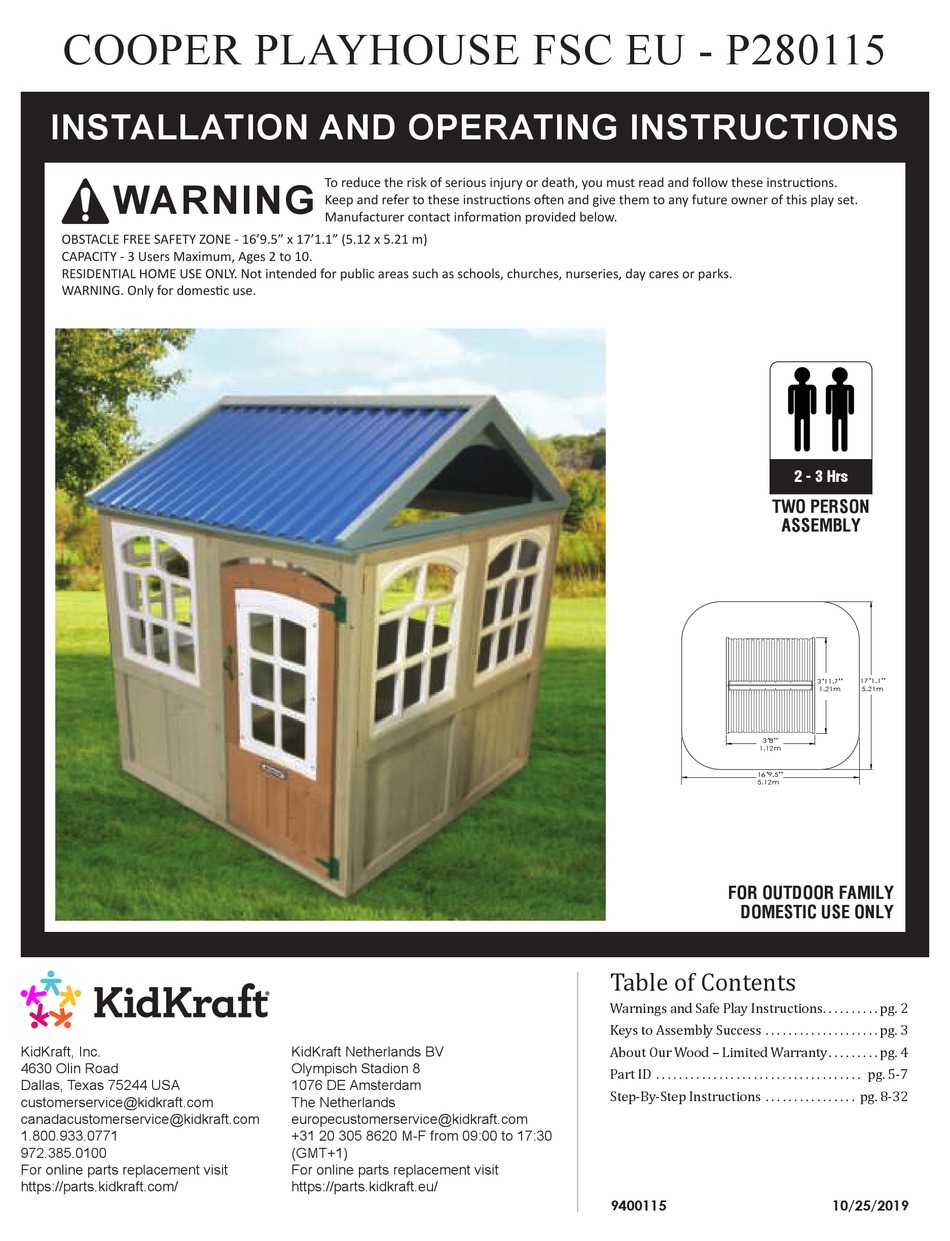 KIDKRAFT P280115 INSTALLATION AND OPERATING INSTRUCTIONS MANUAL Pdf