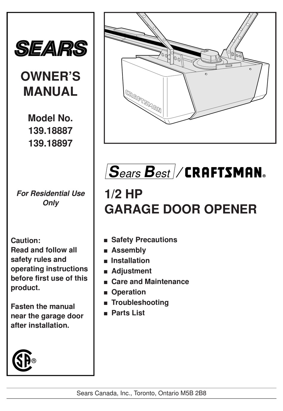 SEARS CRAFTSMAN 139.18887 OWNER