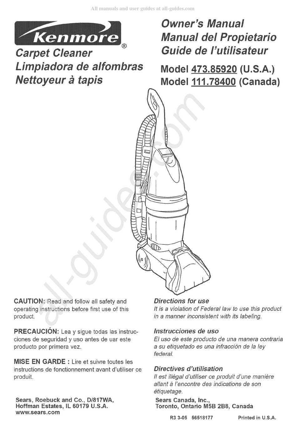 Sears Kenmore 47385920 Owners Manual Pdf Download Manualslib 3398