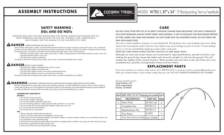 OZARK TRAIL W785.1 ASSEMBLY INSTRUCTIONS Pdf Download ManualsLib