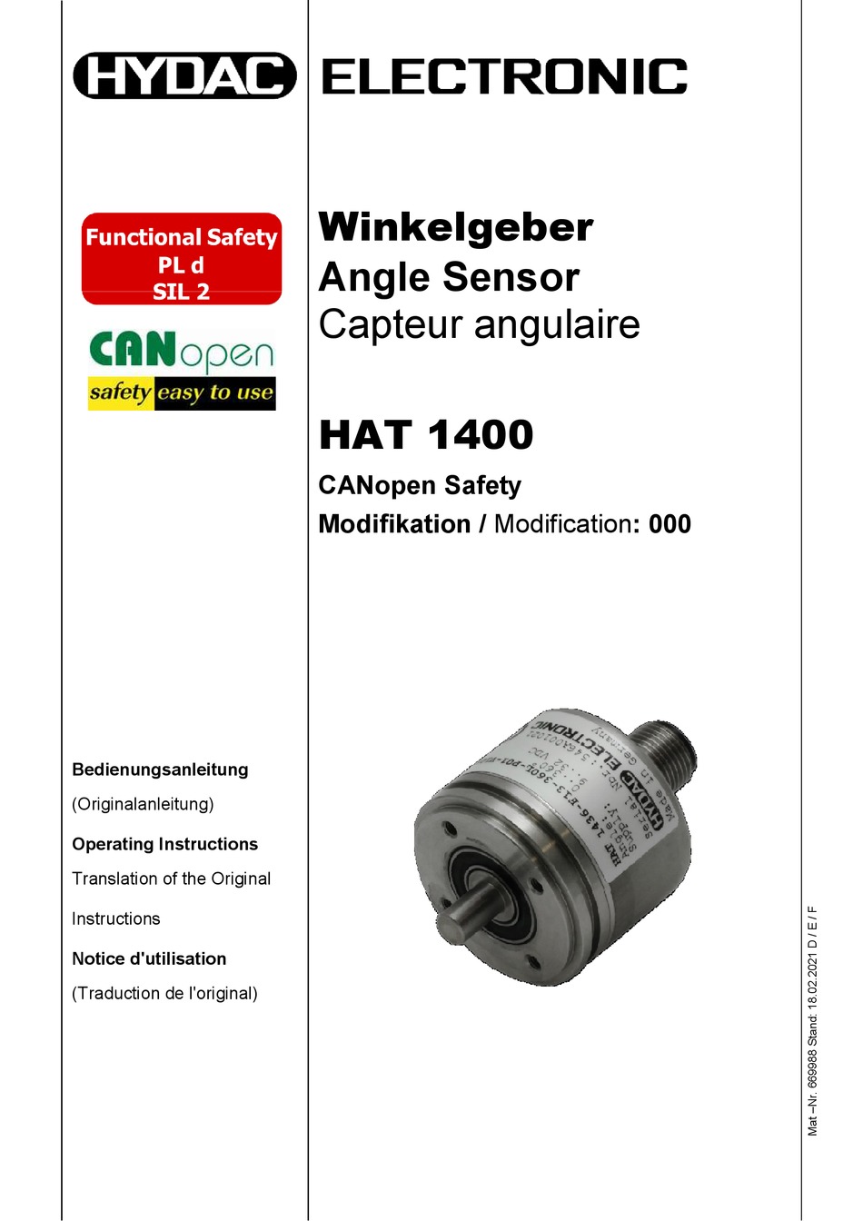 HYDAC ELECTRONIC HAT 1400 OPERATING INSTRUCTIONS MANUAL Pdf Download