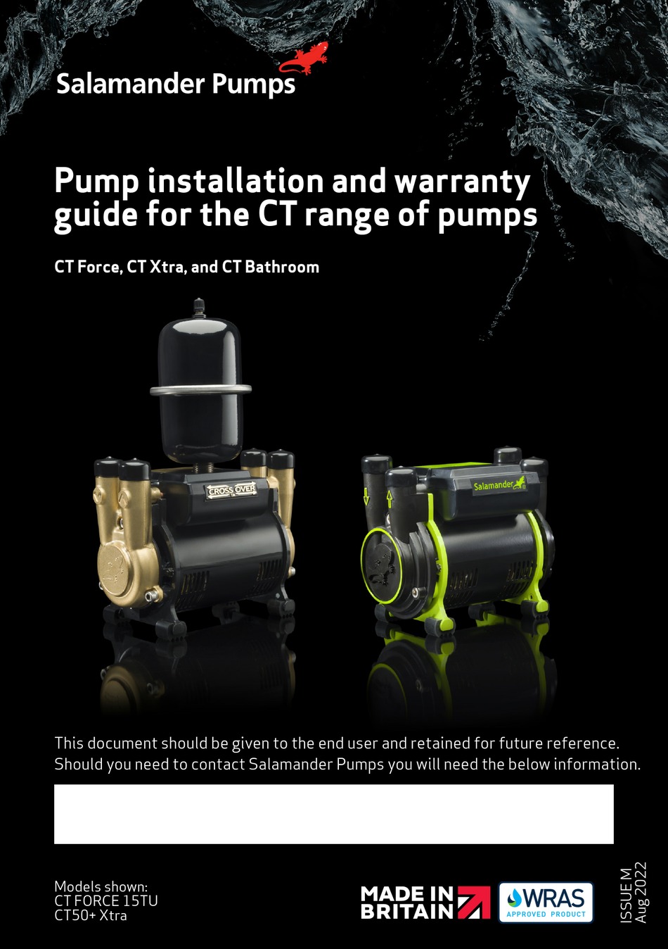 SALAMANDER PUMPS CT FORCE 15TU INSTALLATION AND WARRANTY MANUAL Pdf