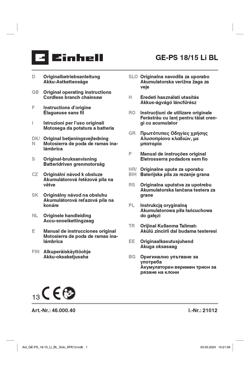 EINHELL GE-PS 18/15 LI BL ORIGINAL OPERATING INSTRUCTIONS Pdf Download ...