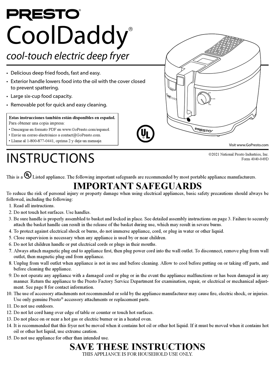 PRESTO CoolDaddy Cool Touch Deep Fryer Instruction Manual