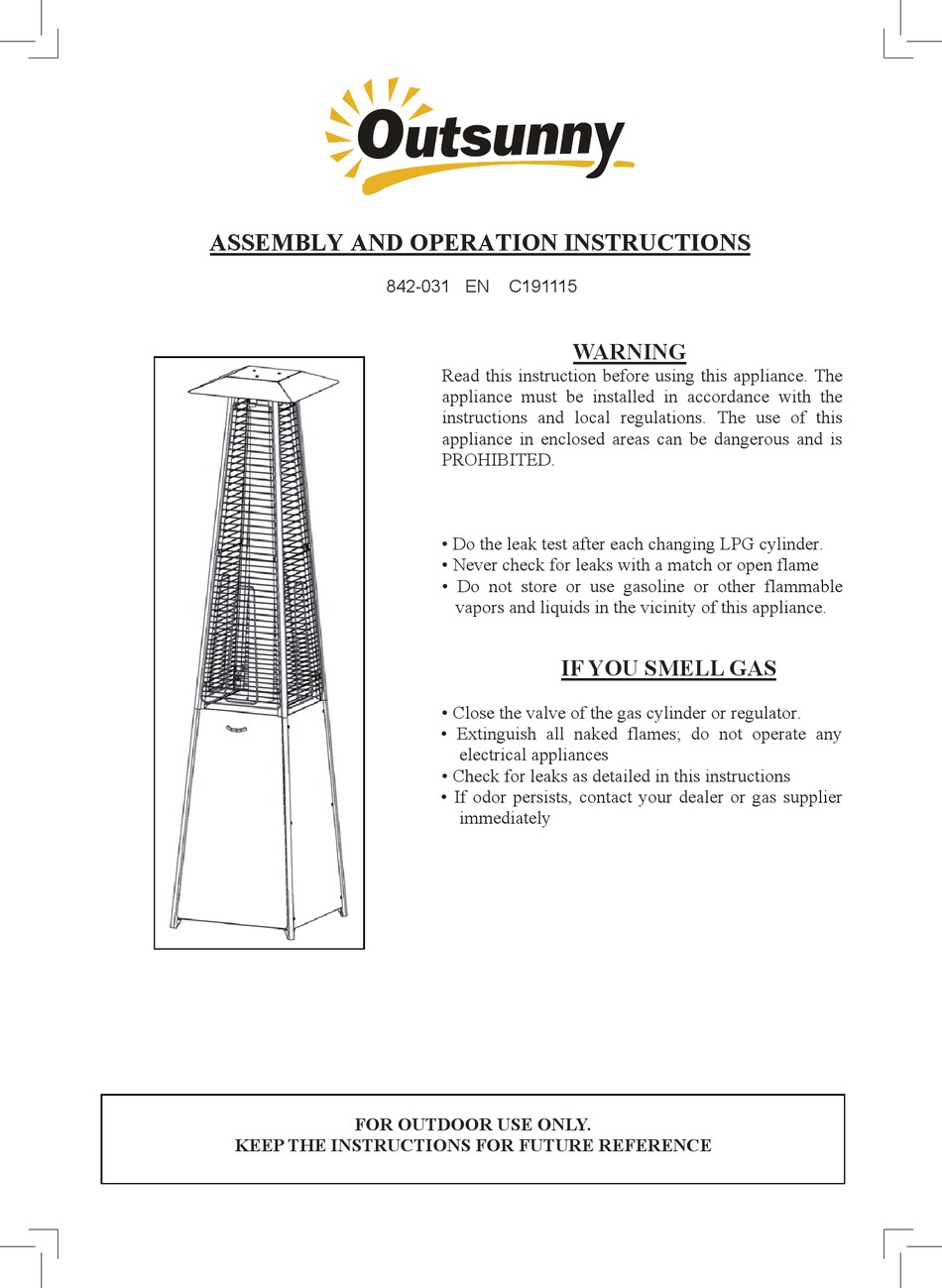 OUTSUNNY 842031 ASSEMBLY AND OPERATION INSTRUCTIONS MANUAL Pdf