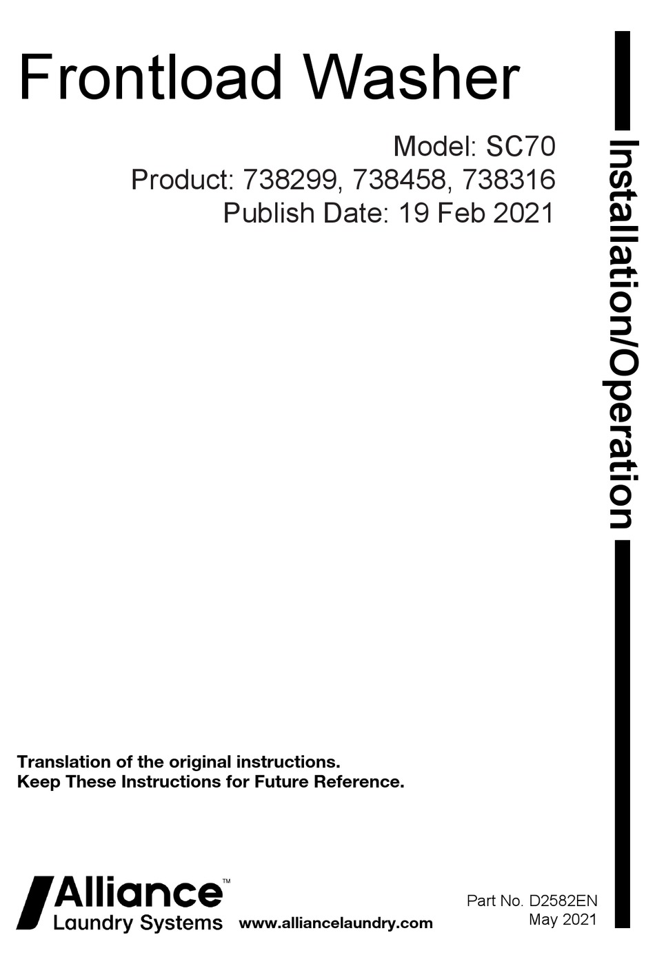 ALLIANCE LAUNDRY SYSTEMS SC70 INSTALLATION & OPERATION MANUAL Pdf
