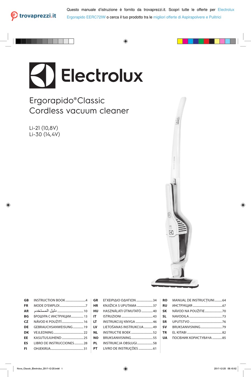 ELECTROLUX ERGORAPIDO CLASSIC EERC72IW INSTRUCTION BOOK Pdf Download