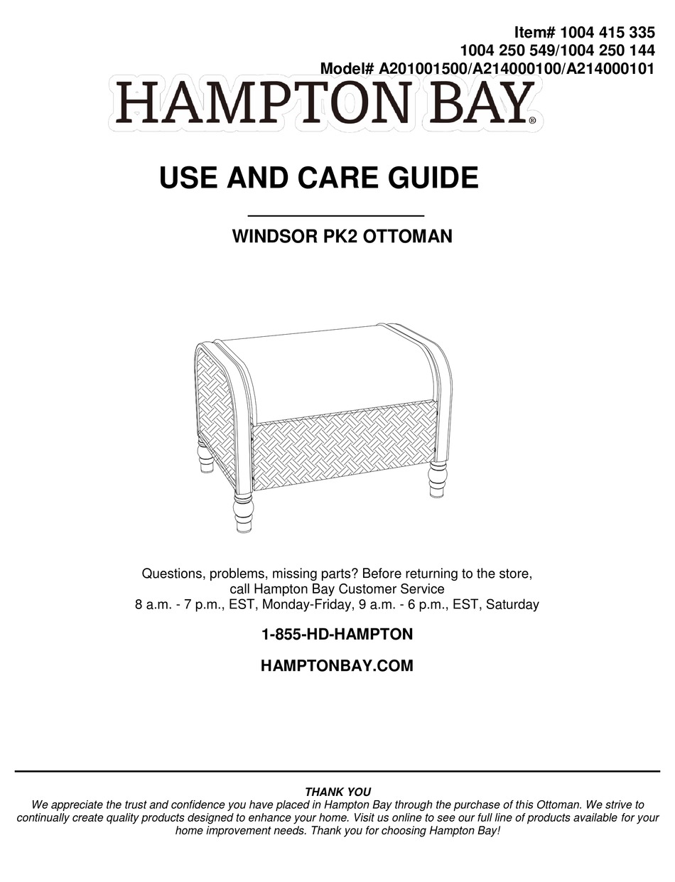HAMPTON BAY WINDSOR PK2 OTTOMAN USE AND CARE MANUAL Pdf Download