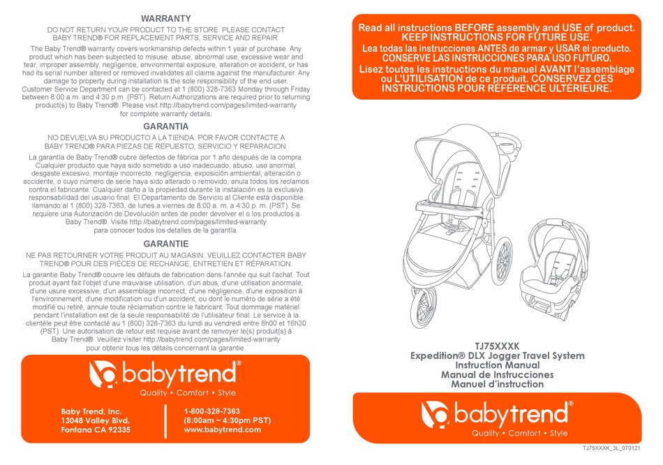 BABY TREND EXPEDITION DLX TJ75 K SERIES INSTRUCTION MANUAL Pdf Download