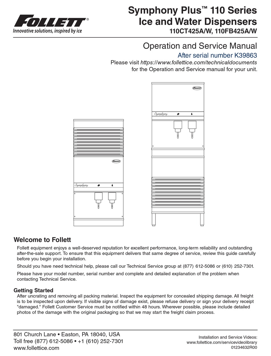 FOLLETT SYMPHONY PLUS 110FB425A OPERATION AND SERVICE MANUAL Pdf