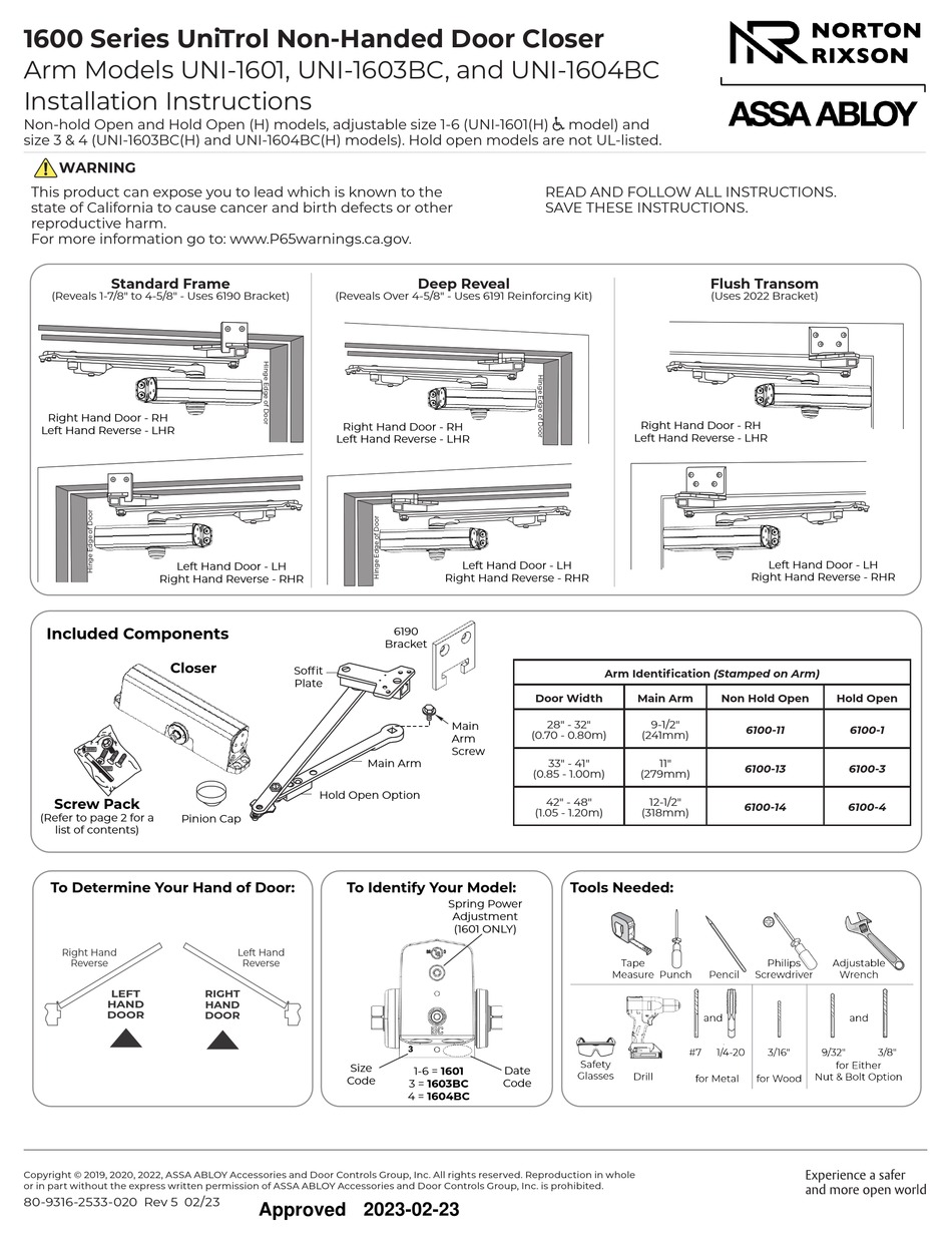 ASSA ABLOY NORTON RIXSON 1600 SERIES INSTALLATION INSTRUCTIONS MANUAL ...