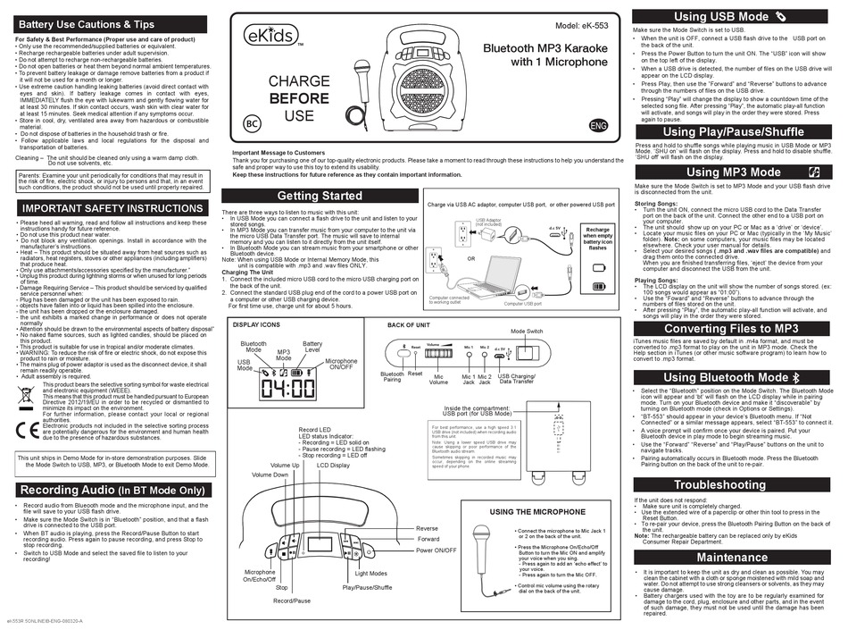 EKIDS EK-553 MANUAL Pdf Download | ManualsLib