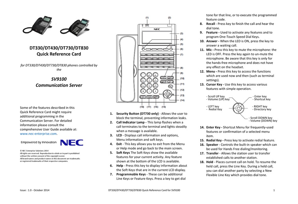 NEC DT330 QUICK REFERENCE CARD Pdf Download ManualsLib
