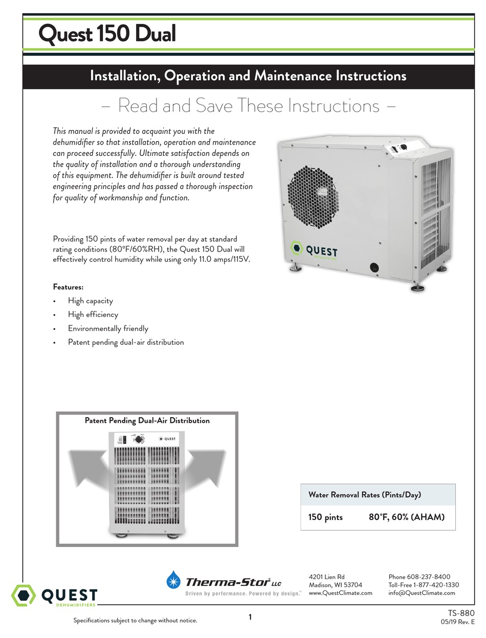 QUEST ENGINEERING 150 DUAL INSTALLATION, OPERATION AND MAINTENANCE