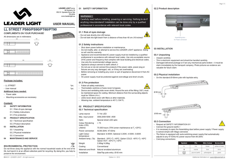 LEADER LIGHT LL STREET PT60 USER MANUAL Pdf Download ManualsLib