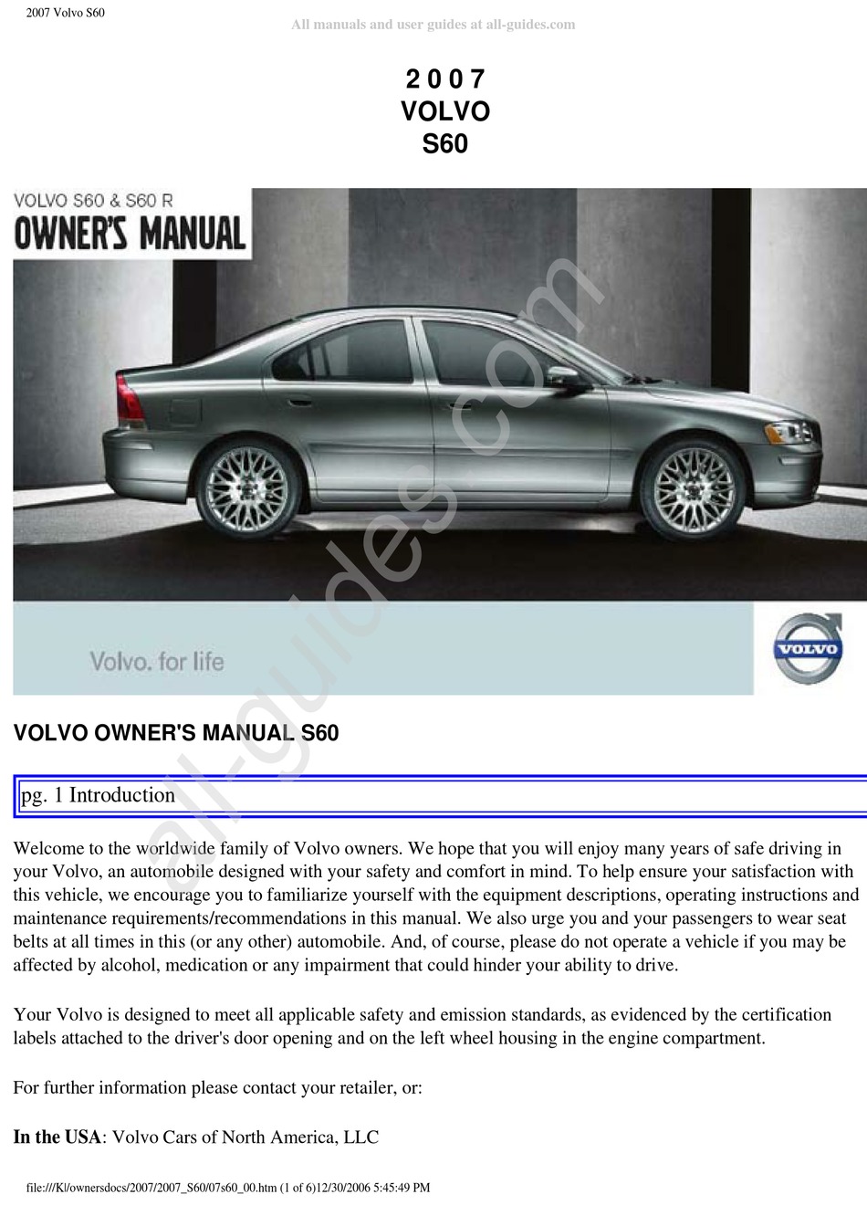 VOLVO S60 2007 OWNER'S MANUAL Pdf Download ManualsLib