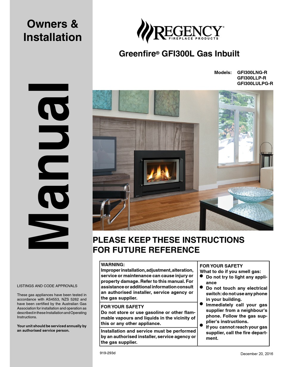 REGENCY FIREPLACE PRODUCTS GREENFIRE GFI300L OWNERS & INSTALLATION