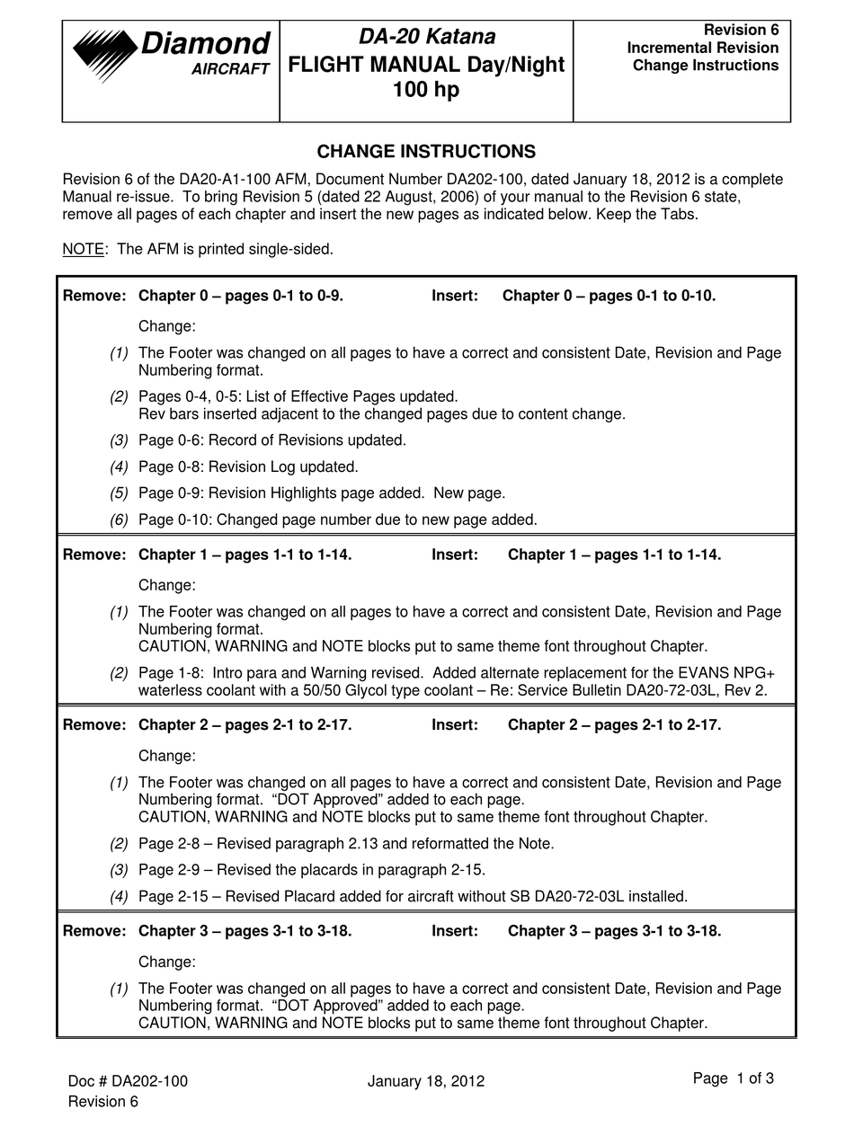 DIAMOND AIRCRAFT KATANA DA 20 FLIGHT MANUAL Pdf Download ManualsLib