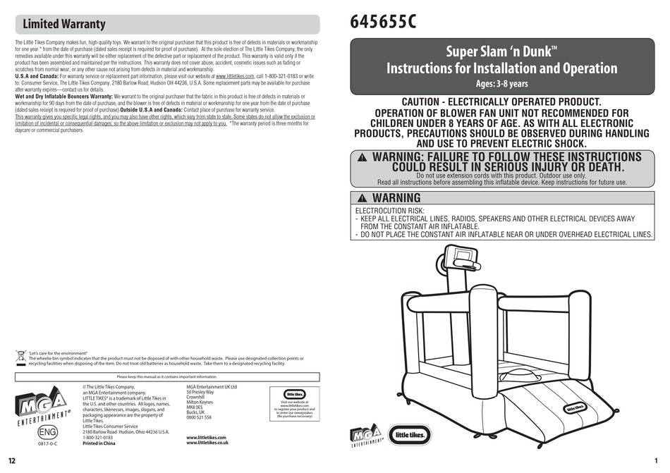 LITTLE TIKES SUPER SLAM 'N DUNK INSTRUCTIONS FOR INSTALLATION AND