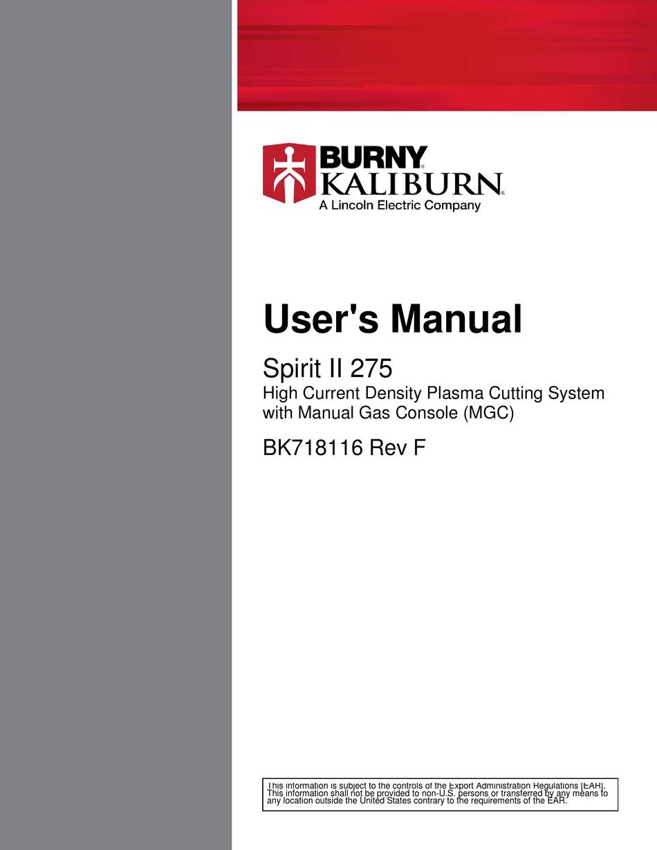 LINCOLN ELECTRIC BURNY KALIBURN SPIRIT II 275 USER MANUAL Pdf Download
