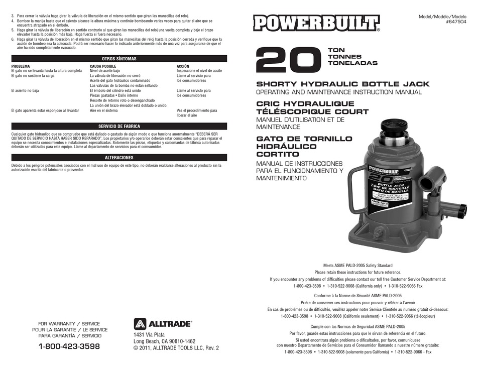 ALLTRADE POWERBUILT 647504 OPERATING AND MAINTENANCE INSTRUCTION MANUAL