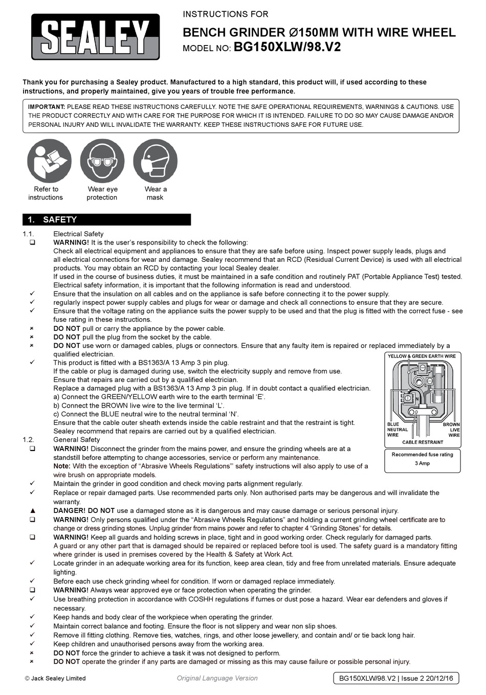 SEALEY BG150XLW/98.V2 INSTRUCTIONS Pdf Download | ManualsLib